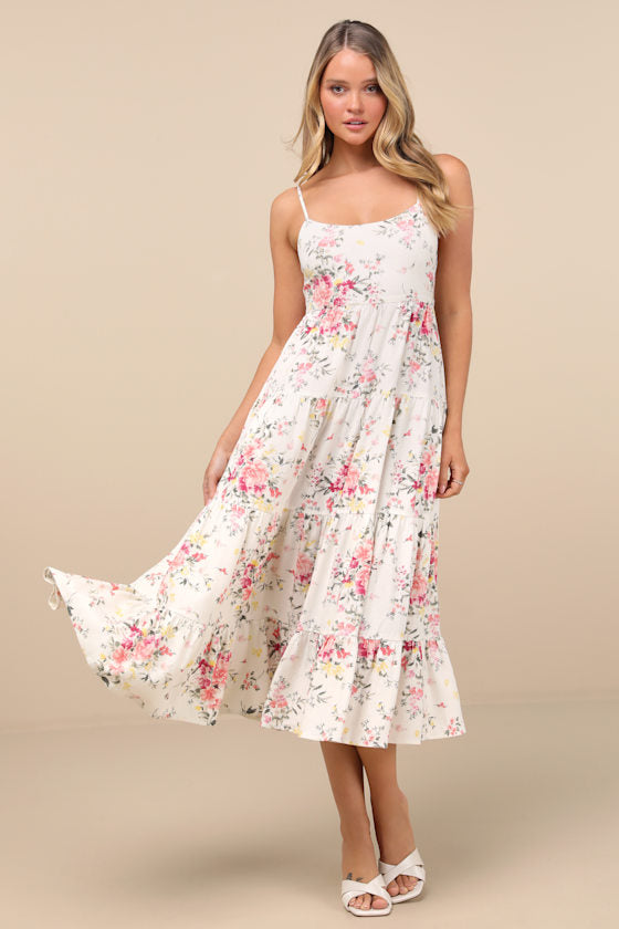 Mykonos Mood Pink and Ivory Floral Tie-Strap Tiered Midi Dress #Color_Pink and Ivory Floral