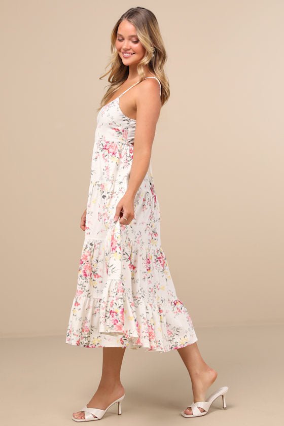 Mykonos Mood Pink and Ivory Floral Tie-Strap Tiered Midi Dress #Color_Pink and Ivory Floral