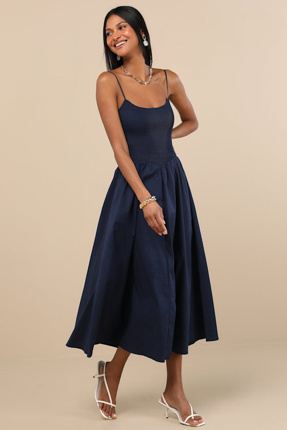 Tandria Navy Smocked Sleeveless Midi Dress #Color_Navy