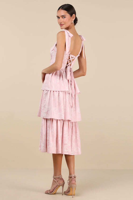 Lovely Bliss Blue Floral Jacquard Strapless Bustier Midi Dress