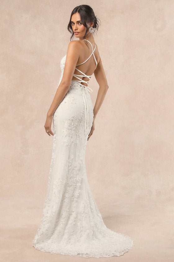 Enchanting Eternity Ivory Pearl Lace-Up Backless Maxi Dress