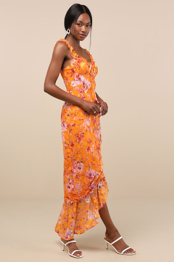 Lovable Spirit Pink Floral Burnout Ruffled High-Low Maxi Dress