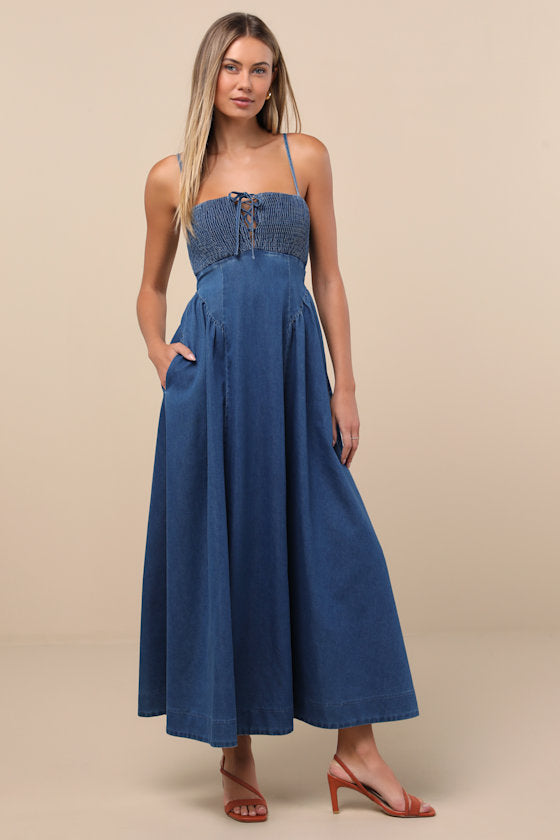 Laylie Medium Wash Denim Lace-Up Midi Dress #Color_Medium Wash