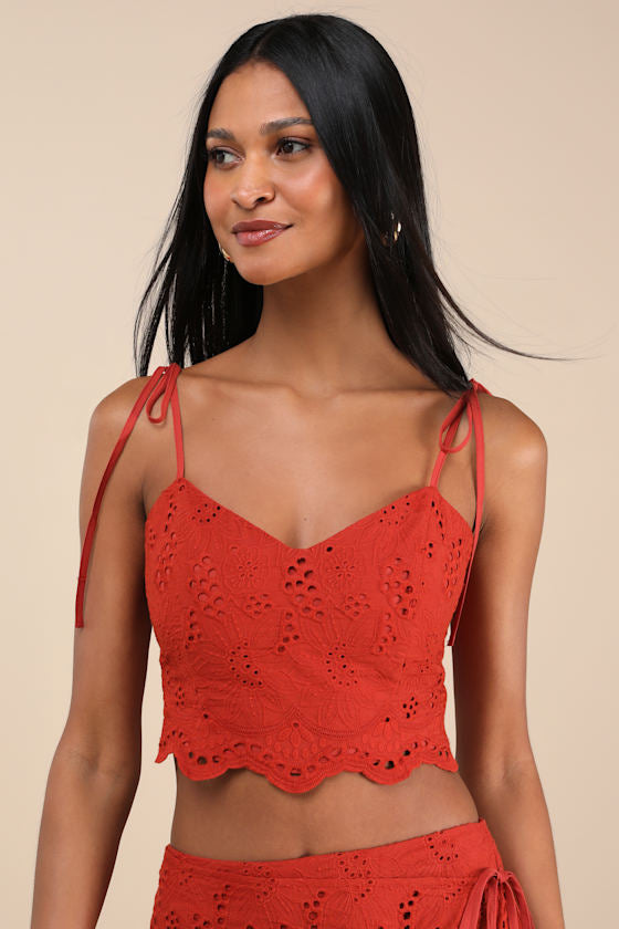 Kamilla Rust Red Eyelet Embroidered Tie-Strap Tank Top #Color_Rust Red