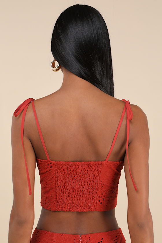 Kamilla Rust Red Eyelet Embroidered Tie-Strap Tank Top #Color_Rust Red