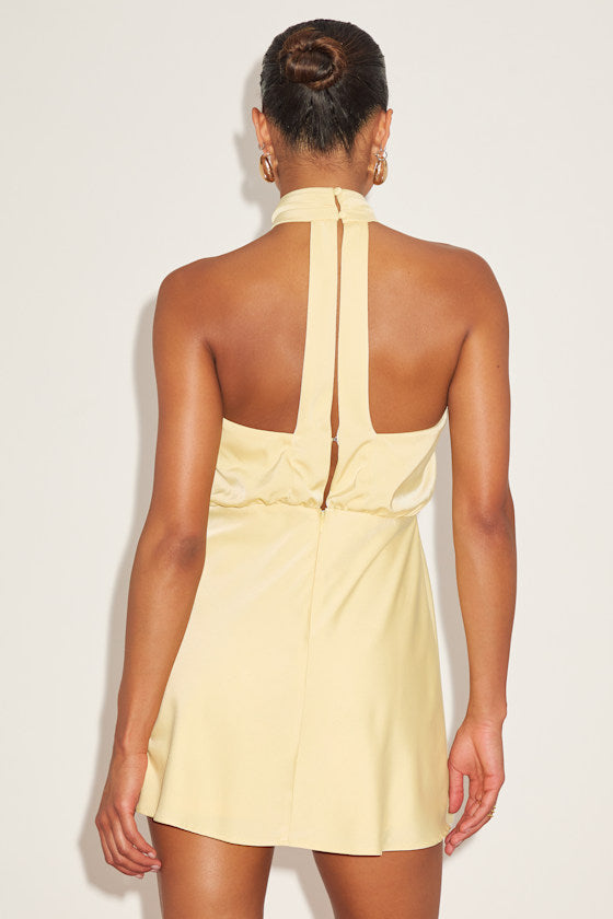 Sleek Essence Peach Satin Halter Sleeveless Mini Dress