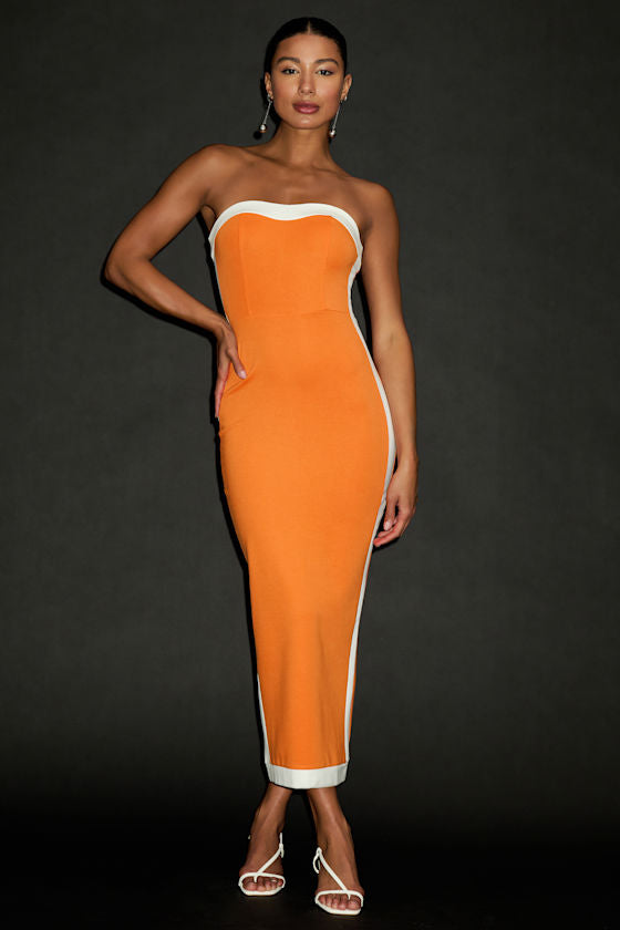 Impressive Edge Black Color Block Strapless Midi Dress #Color_Orange Color Block