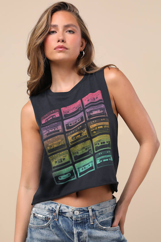 Cassette Washed Black Cropped Graphic Muscle Tank Top