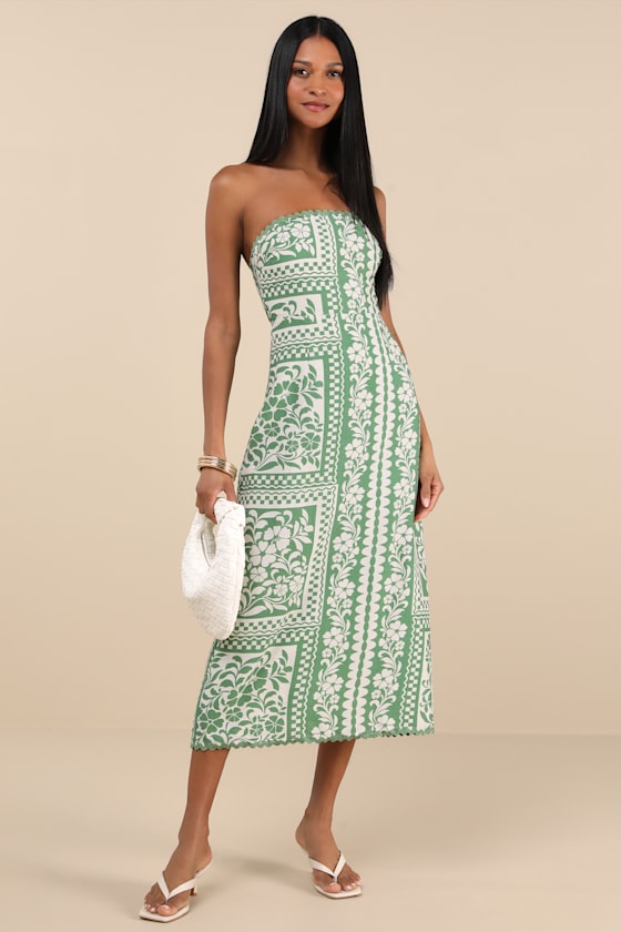 Brigita Green Floral Strapless Column Midi Dress #Color_Green Floral