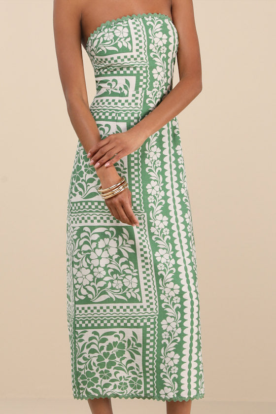 Brigita Green Floral Strapless Column Midi Dress #Color_Green Floral