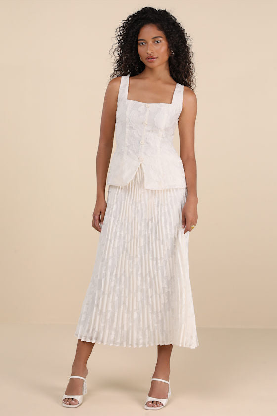 Alyona Cream Burnout Two-Piece Pleated Midi Dress #Color_Cream