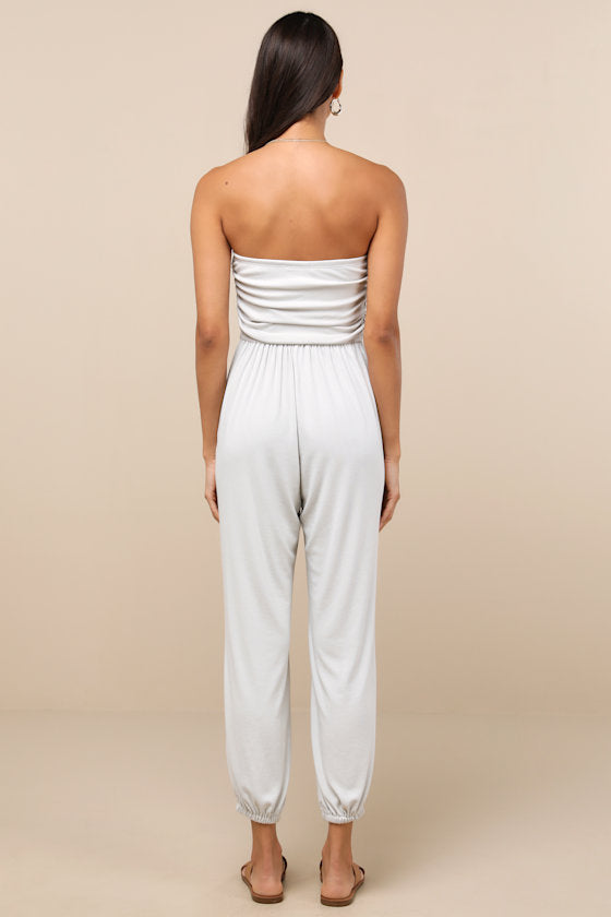 Flawless Comfort Black Ruched Strapless Jogger Jumpsuit