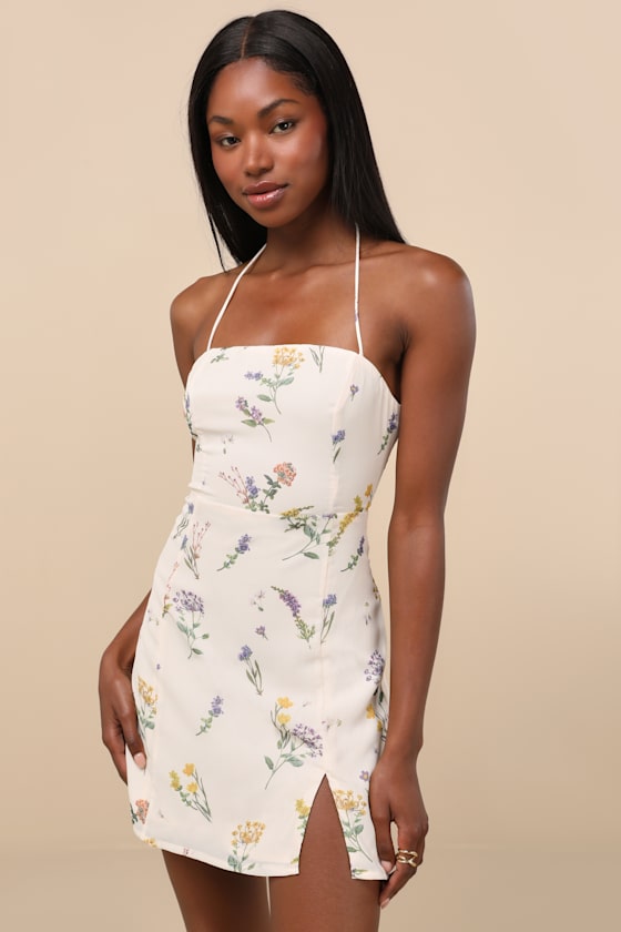 Catch the Bouquet Light Yellow Floral Halter Lace-Up Mini Dress