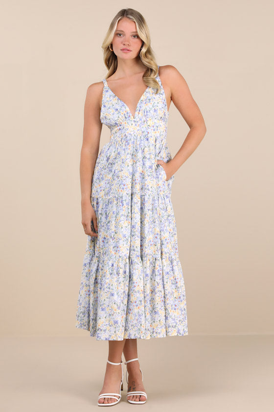 Brightly Blossoming Pink Multi Floral Tiered Midi Dress
