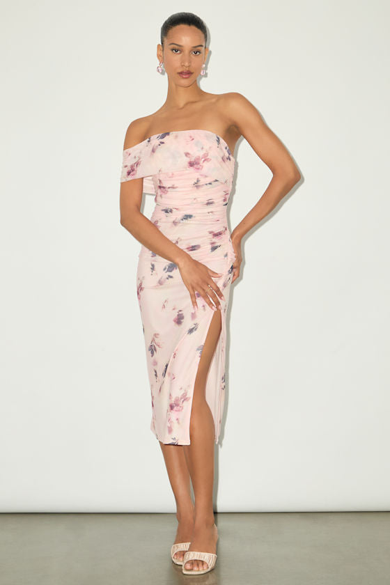 Jayleen Light Pink Floral Mesh One-Shoulder Midi Dress #Color_Light Pink Floral