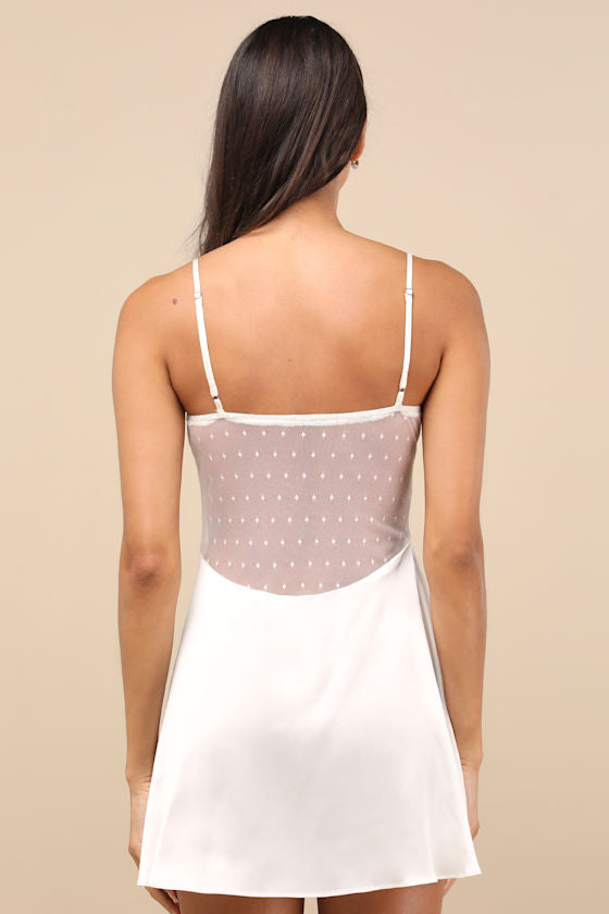 Damilia Ivory Sheer Lace Satin Lingerie Slip #Color_Ivory