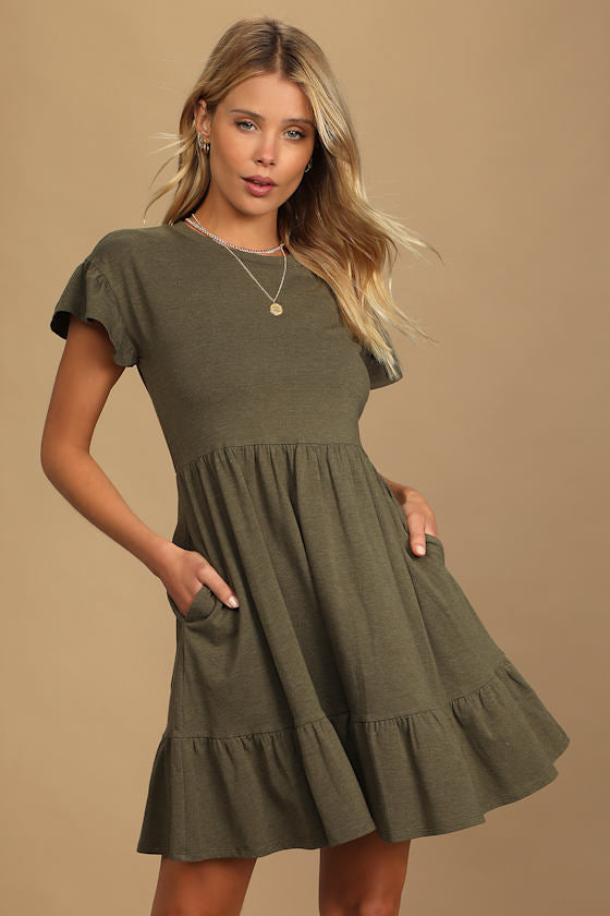 Sweetest Style Olive Green Tiered Babydoll Dress #Color_Olive Green