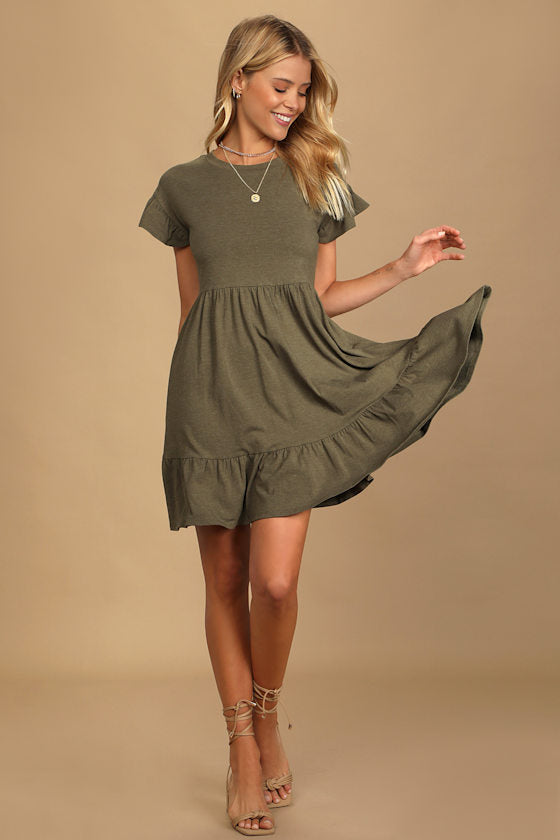Sweetest Style Olive Green Tiered Babydoll Dress #Color_Olive Green