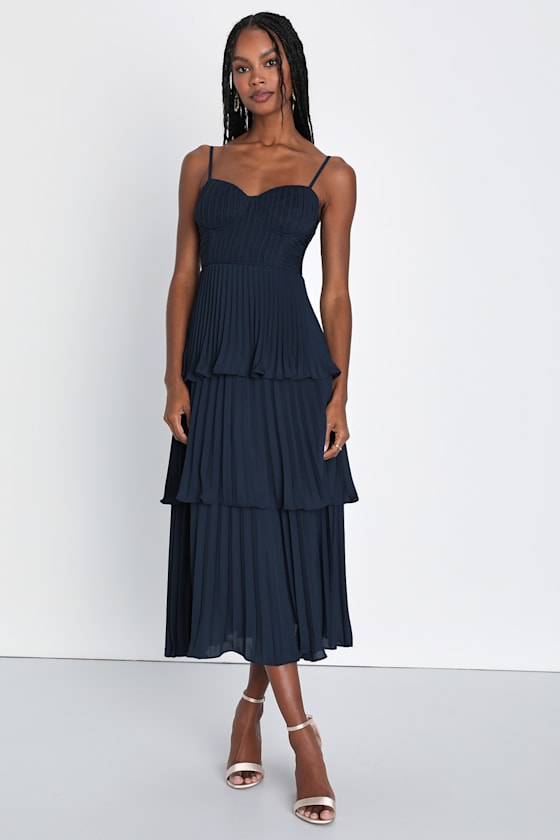 Cascading Crush Lavender Tiered Bustier Midi Dress #Color_Navy Blue