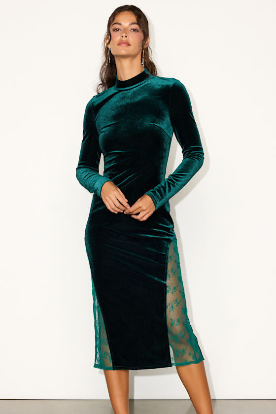 Eloquent Drama Red Velvet Mock Neck Midi Dress #Color_Emerald Green