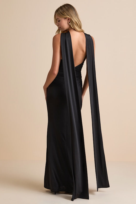 Noretta Plum Jersey Knit Keyhole Cutout Sash Maxi Dress