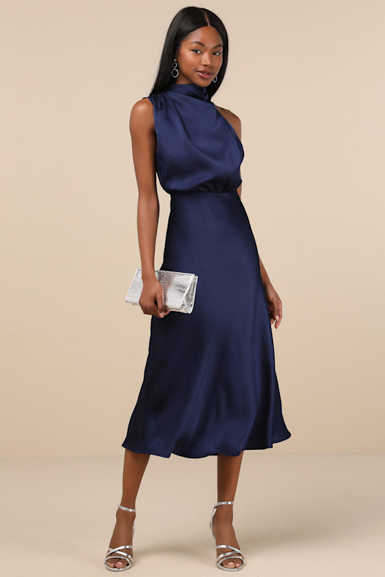 Distinctive Charm Black Satin Asymmetrical Midi Dress #Color_Navy
