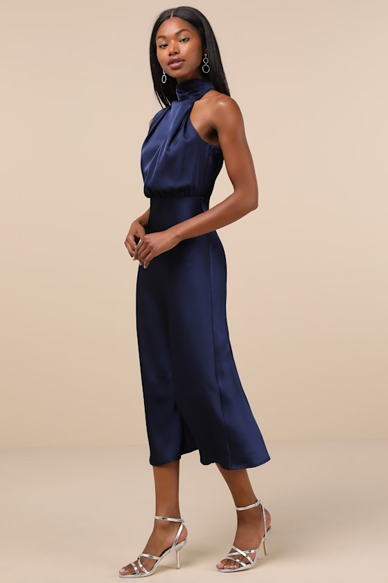 Distinctive Charm Navy Satin Asymmetrical Midi Dress #Color_Navy