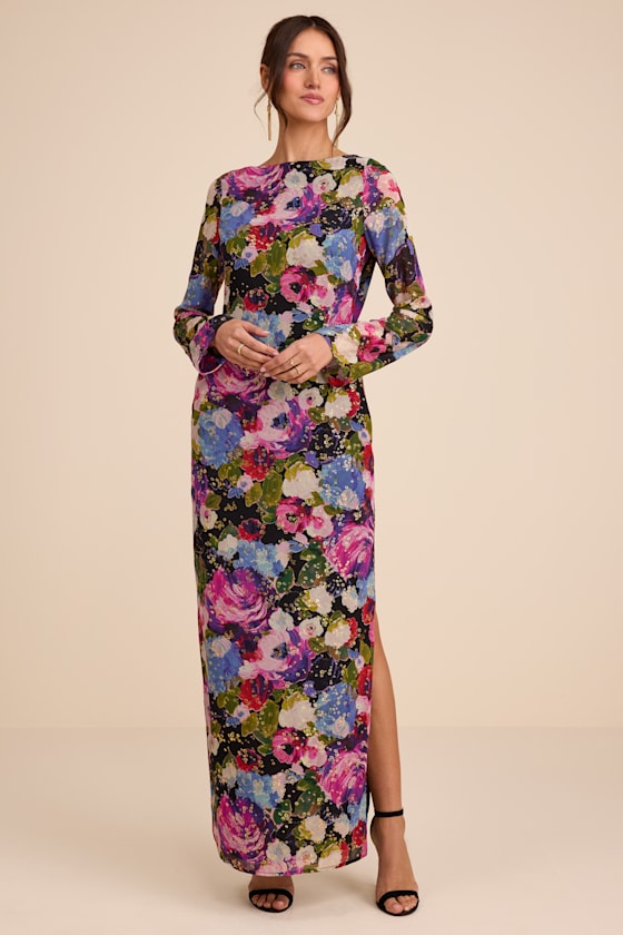 Merrit Black Multi Cowl Back Long Sleeve Maxi Dress #Color_Black Multi Floral