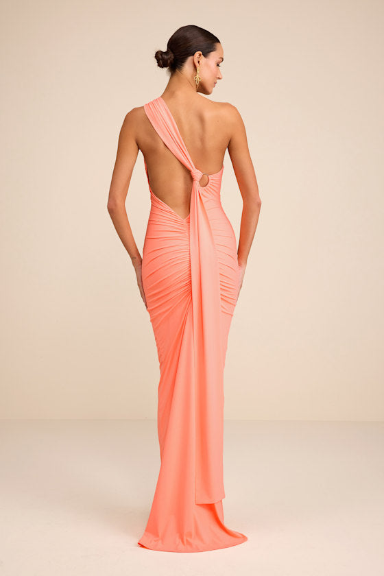 Cressida Peach Slinky Knit One-Shoulder Mermaid Maxi Dress #Color_Peach