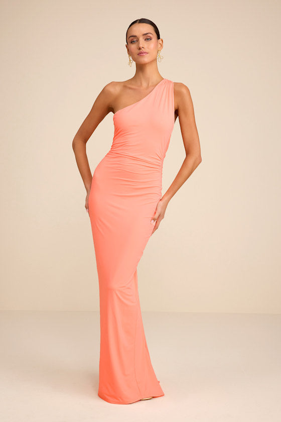 Cressida Peach Slinky Knit One-Shoulder Mermaid Maxi Dress #Color_Peach