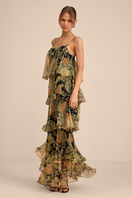 Malaia Black Multi Floral Tiered Maxi Dress #Color_Black Multi Floral