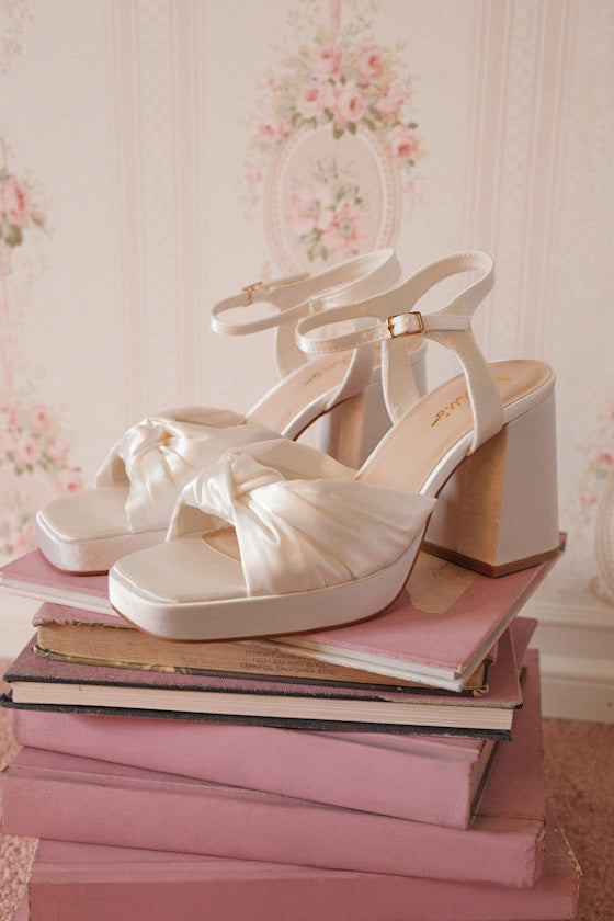 Remie White Satin Knotted Platform High Heel Sandals #Color_White