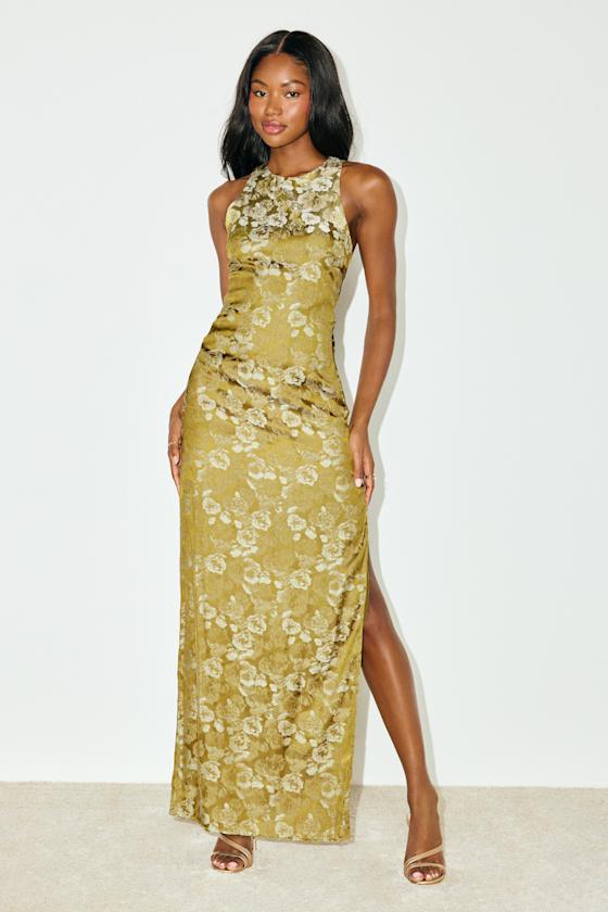 Lamila Chartreuse Floral Satin Column Maxi Dress #Color_Chartreuse Floral
