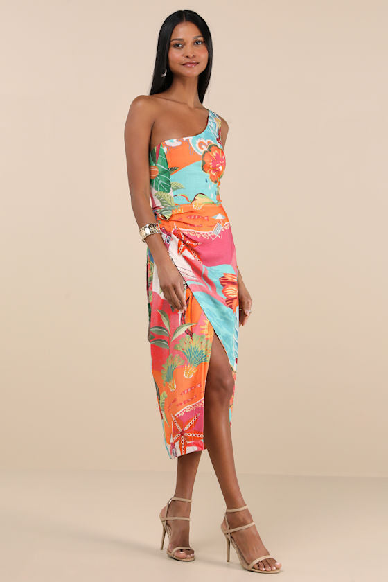 Hilinai Blue Multi Tropical Print Wrap Midi Dress #Color_Blue Multi Tropical Print
