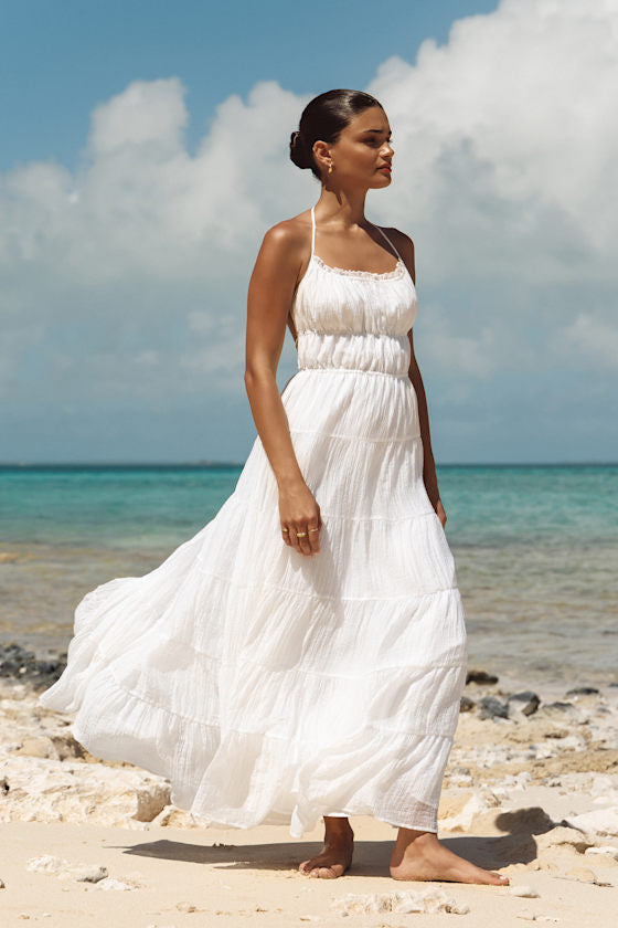 Ameera White Textured Tiered Backless Maxi Dress #Color_White