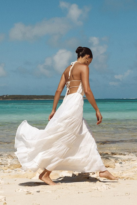 Ameera White Textured Tiered Backless Maxi Dress #Color_White