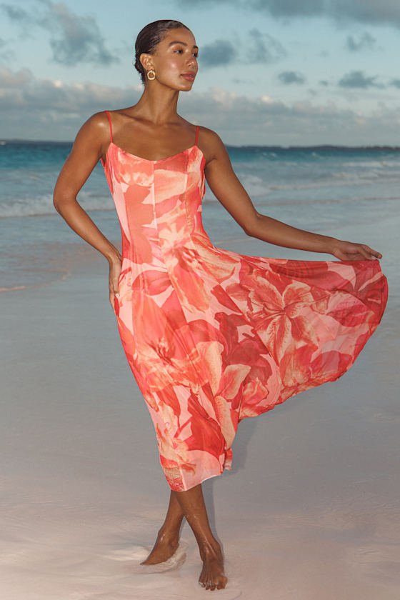 Atori Red Multi Floral Print Mesh Sleeveless Midi Dress #Color_Red Multi Floral Print
