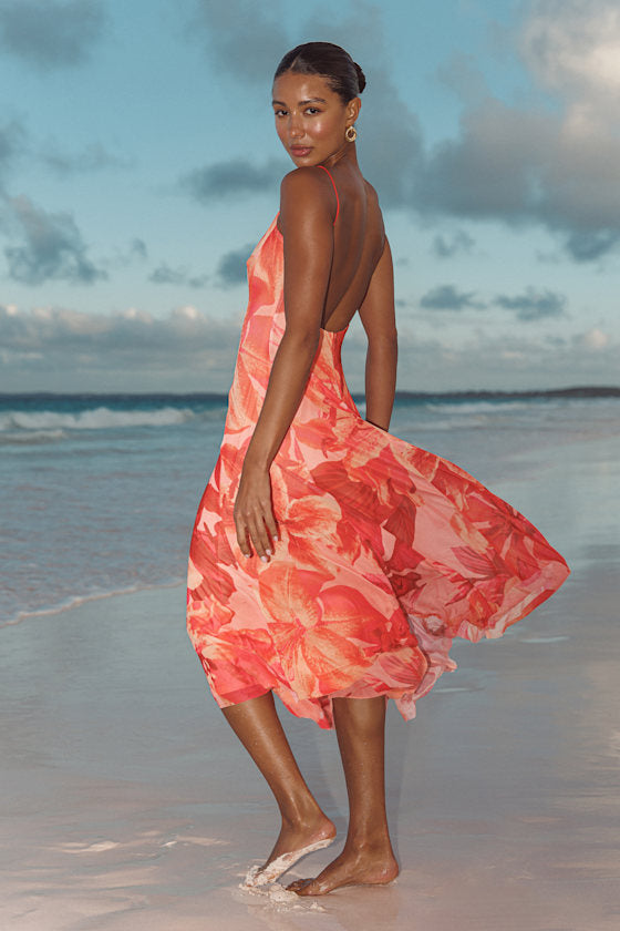 Atori Red Multi Floral Print Mesh Sleeveless Midi Dress #Color_Red Multi Floral Print