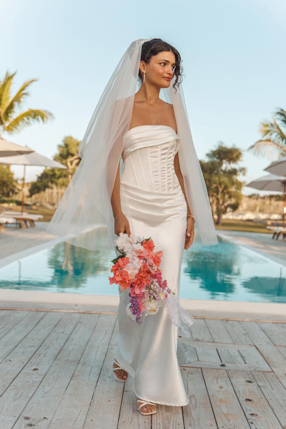 Dawn White Satin Strapless Column Maxi Dress #Color_White