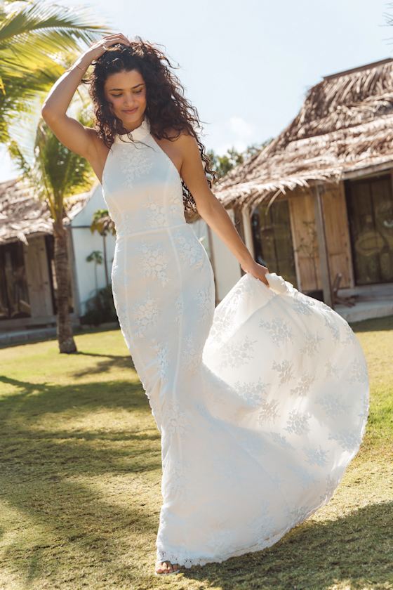 Dreamy Glamour White Embroidered Halter Mermaid Maxi Dress #Color_White