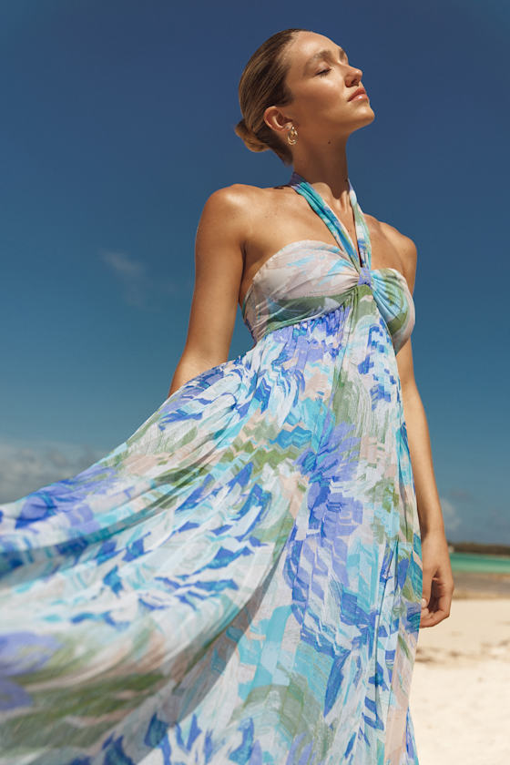 Aminah Blue Multi Floral Pleated Halter Midi Dress #Color_Blue Multi Floral