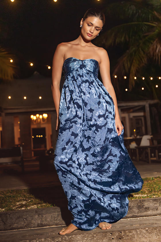 Danalia Sage Floral Burnout Strapless Maxi Dress #Color_Navy Floral
