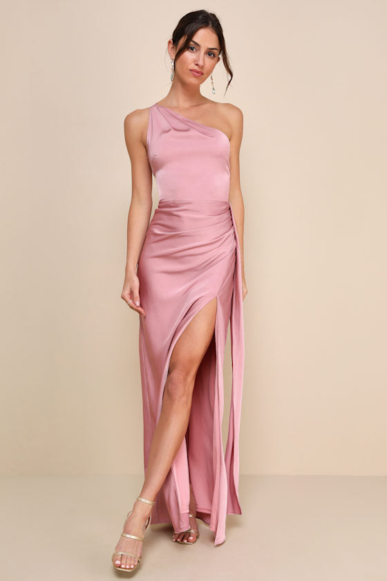 Signature Elegance Rose Satin One-Shoulder Maxi Dress #Color_Rose