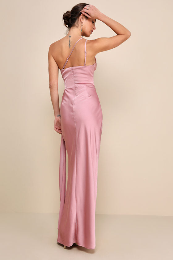 Signature Elegance Olive Green Satin One-Shoulder Maxi Dress