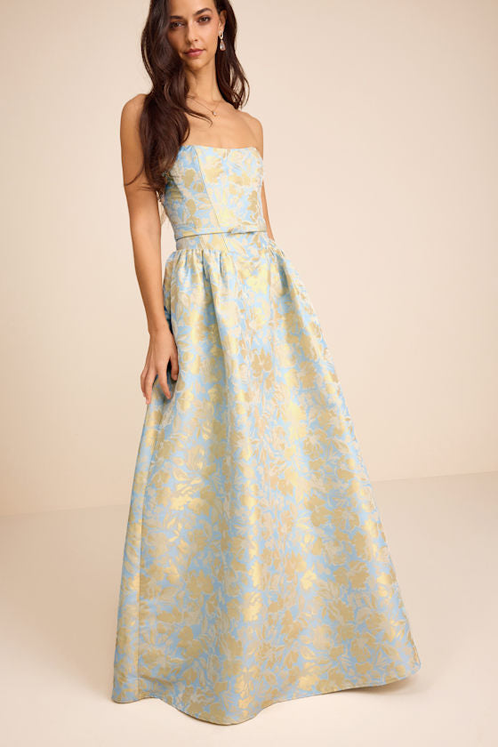 Bradshaw Light Blue and Yellow Floral Jacquard Maxi Dress #Color_Light Blue and Yellow Floral