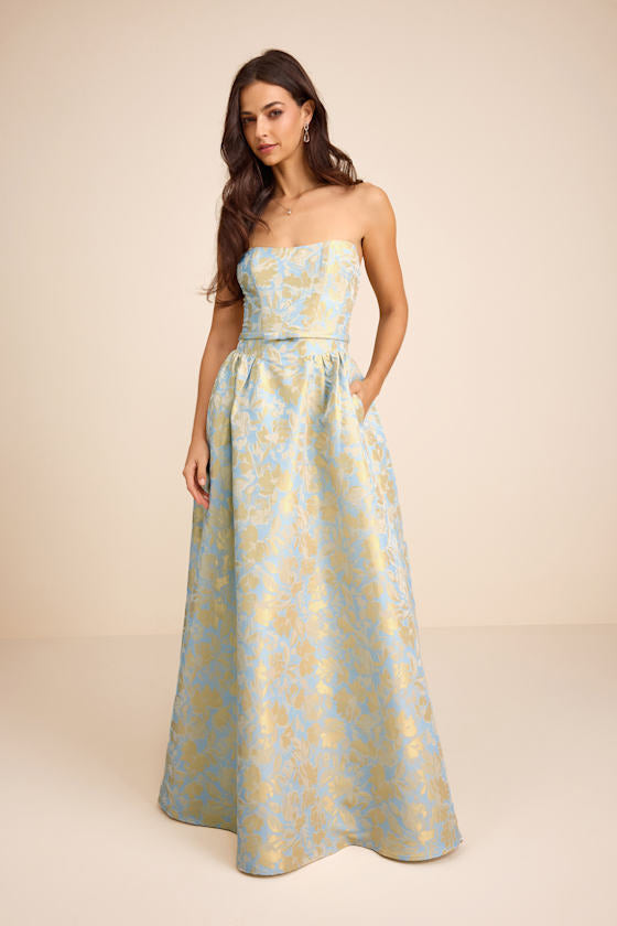 Bradshaw Light Blue and Yellow Floral Jacquard Maxi Dress #Color_Light Blue and Yellow Floral