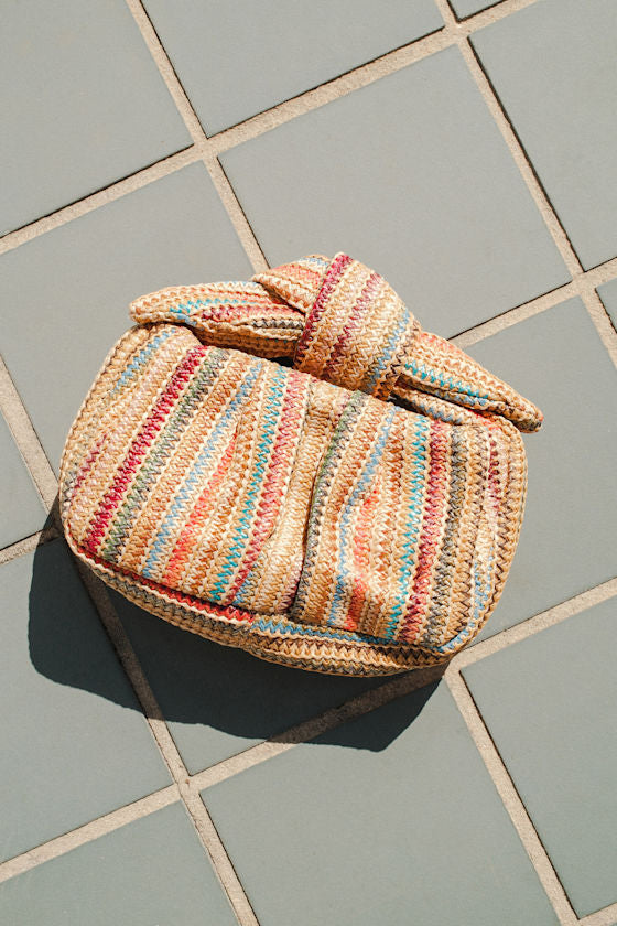 Essential Style Champagne Satin Knot Handle Clutch Bag #Color_Beige Multi Striped