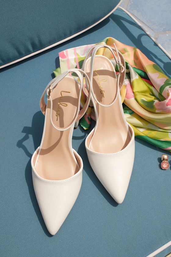 Embley White Pointed-Toe Ankle Strap Pumps