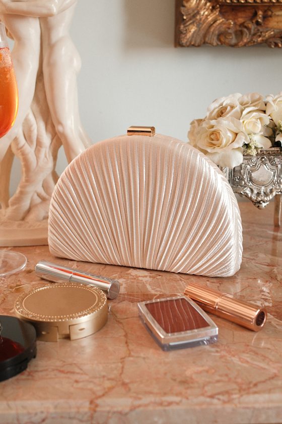 Pleat Perfection Champagne Satin Pleated Hard Clutch #Color_Champagne