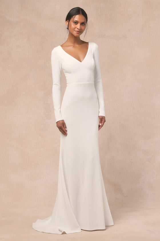 Feeling of Forever White Long Sleeve Mermaid Maxi Dress #Color_White